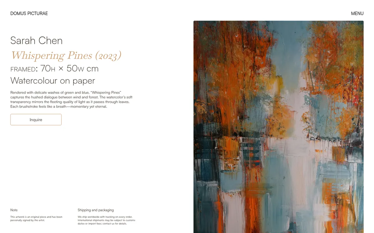 Artwork page of the Domus Picturae demo on a desktop screen