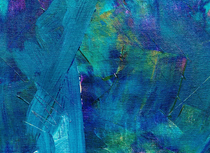 Abstract painting dominated by deep blues