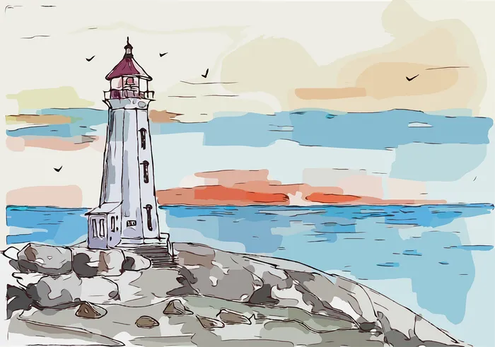 Digital rendering of a lighthouse surrounded by soft glowing tides