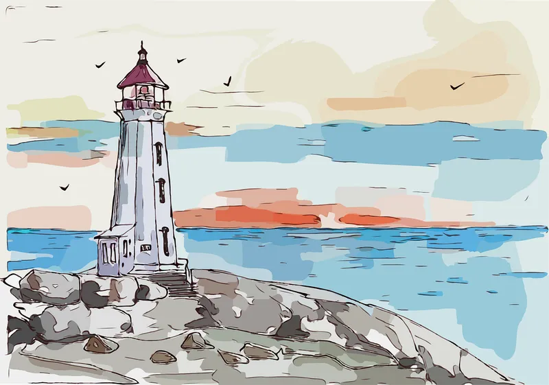 Digital rendering of a lighthouse surrounded by soft glowing tides